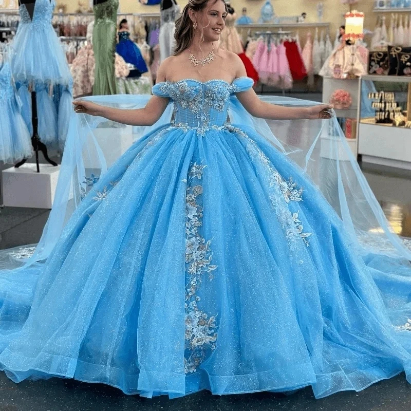 Sky Blue Princess Quinceanera Dresses Off The Shoulder Sweetheart Neck Long Tulle Ball Gown Sweet 16 Dress Corset Open Back Prom Special Occasion Gown