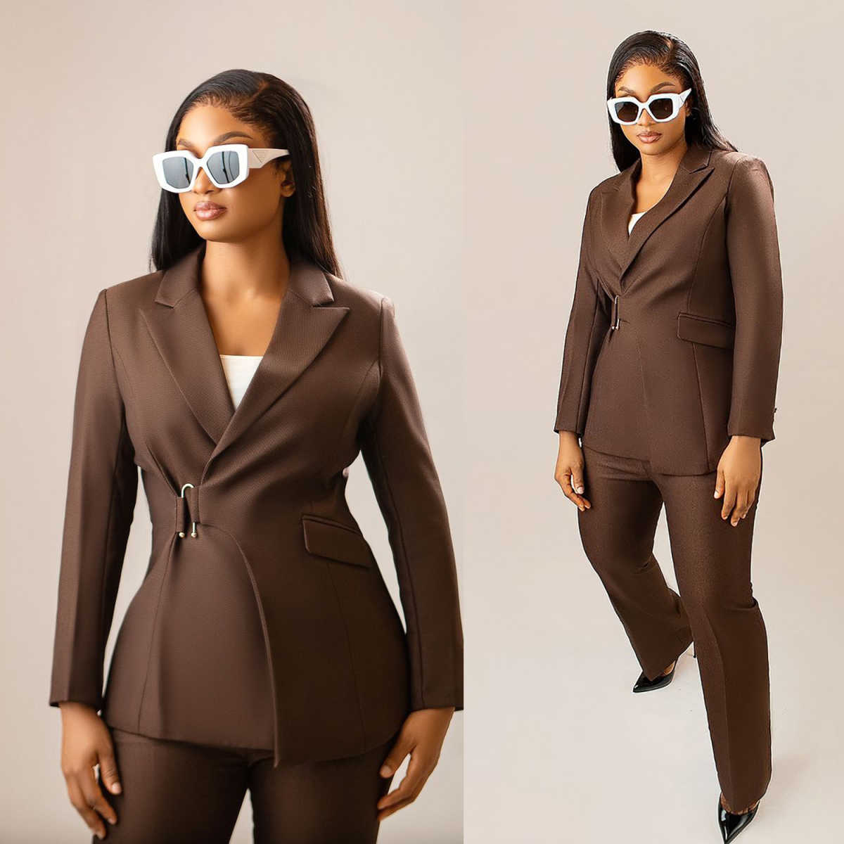 2 Pieces Women Pants Suits Customized Brown Prom Evening Guest Formal Wear Custom Made Jacket Sets Plus Size