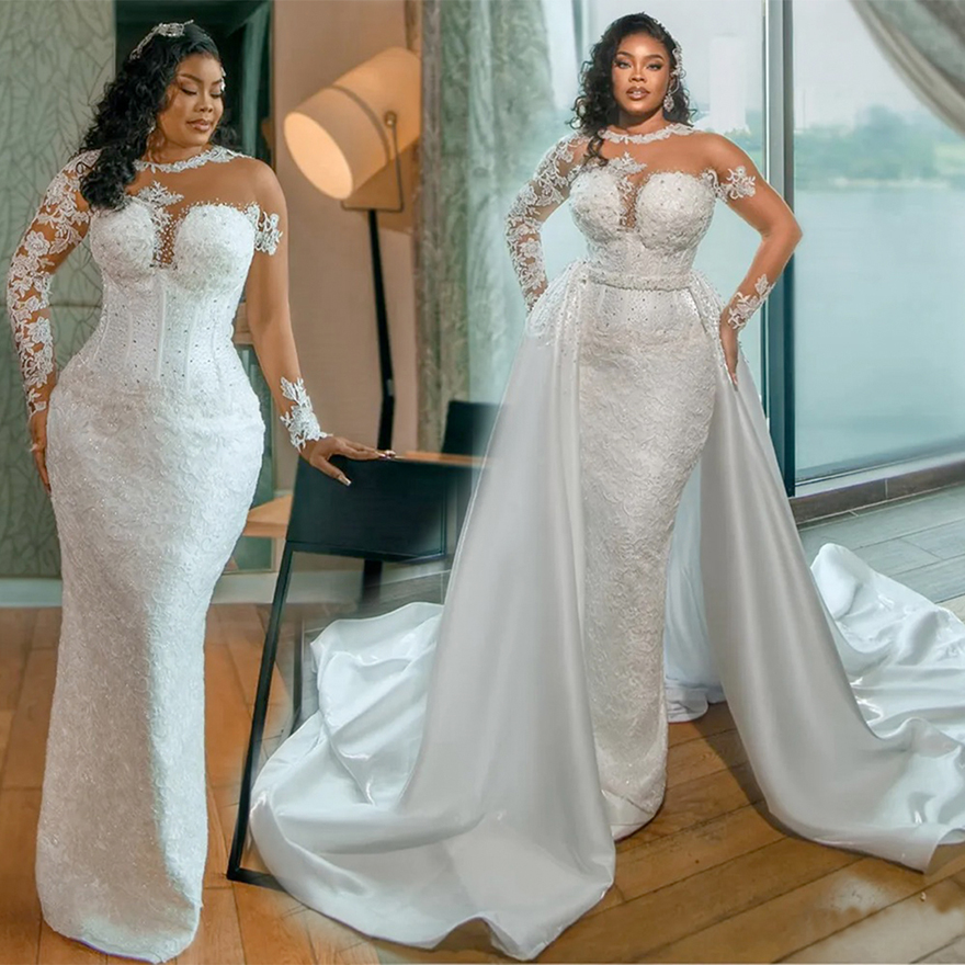 2024 Mermaid Wedding Dresses Bridal Gowns With Detachable Train Plus Size Illusion Long Sleeves Beaded Lace Wedding Gown for African Black Women Bride