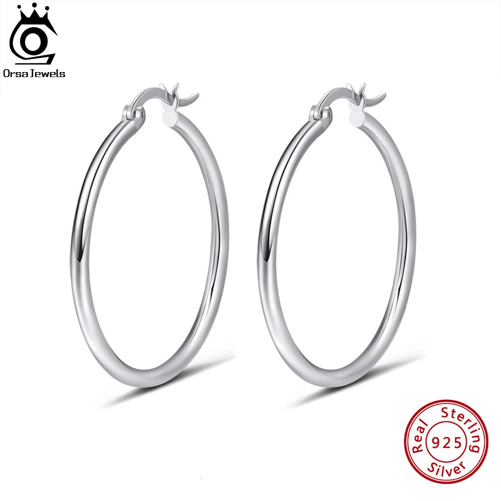 ORSA JEWELS 925 Sterling Silver Women Large Hoop Earrings 30 40 50MM Big Size Plain Earrings Female Jewelry Gift APE34 241018