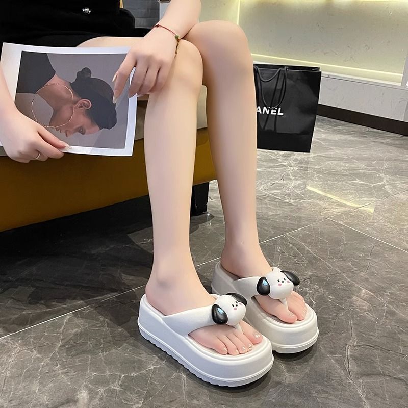 Cute Dog Herringbone Slippers for Women's Summer Outwear 2023 New Thick Sole Elevated Beach Anti slip Sandwich Slippers