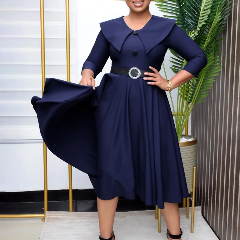 Casual Dresses Elegant Office Dress For Women Midi With Sleeve O Neck Turn Down Collar Three Quarter Belt Waisted Mid Calf Formal Work OL