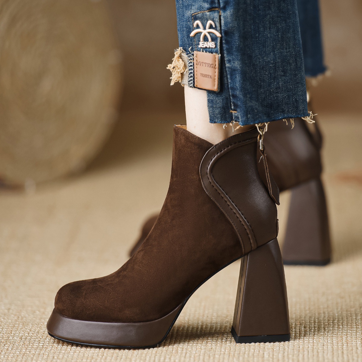 Women's Fashion Boots:NewTrendy High Heel Chunky Heel Round Toe Simple Design Versatile,Black/Coffee,Free shipping