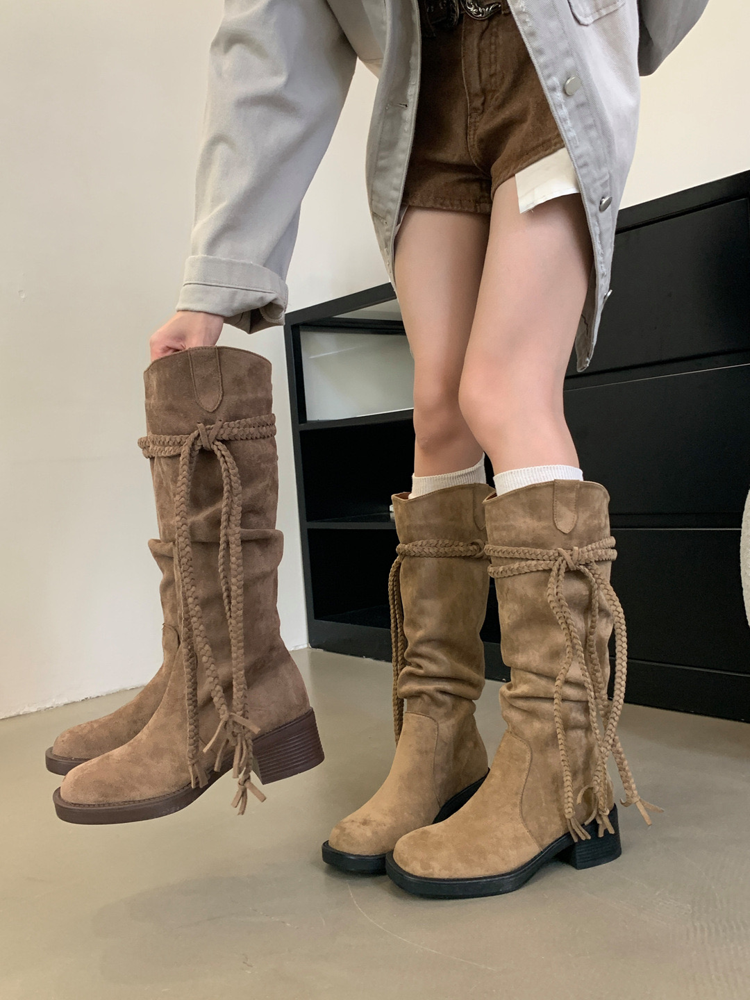 Solid Color Hemp Rope Cross Strap Pointed Thick Heeled Long Autumn Winter New Punk Rock New Style Women Knee High Boots 35-39