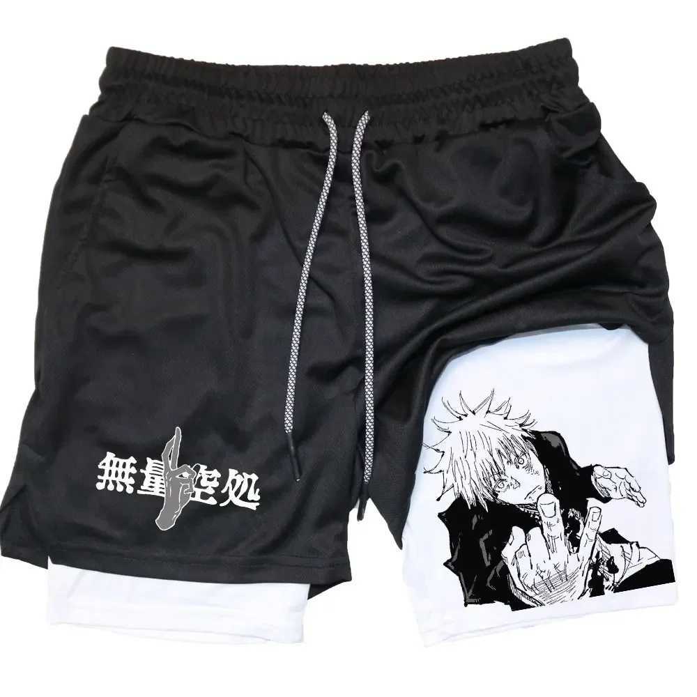 Anime Jujutsu Kaisen 2 In 1 Performance Shorts Gojo Satoru Print Sportswear Men GYM Training Workout Male Fitness Sport ShortsXJ241104