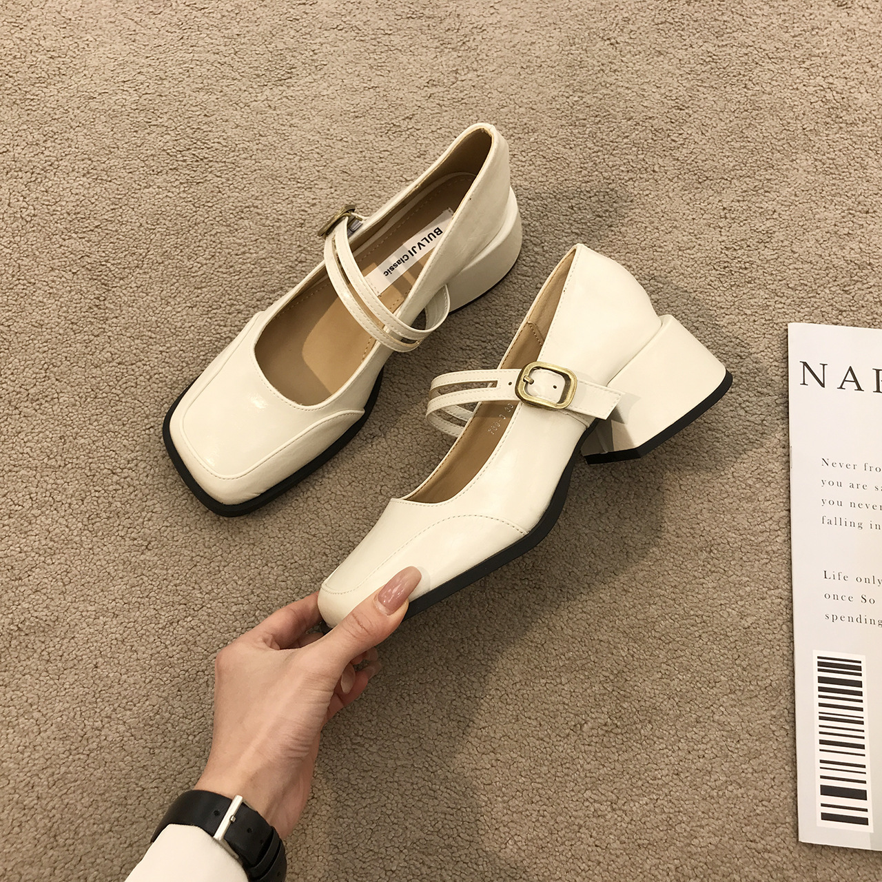 Women's Fashion Dress Shoes:High Heel French Retro Square Toe Chunky Heel Mary Jane Shoes Leather,Black/Brown/Apricot,Free shipping