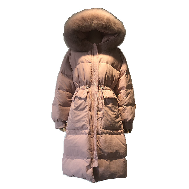Women's Down Jacket Winter Loose Mid-Length Thickened Drawstring Hooded Big Fox Fur Collar 2022 New Solid Korean Coat