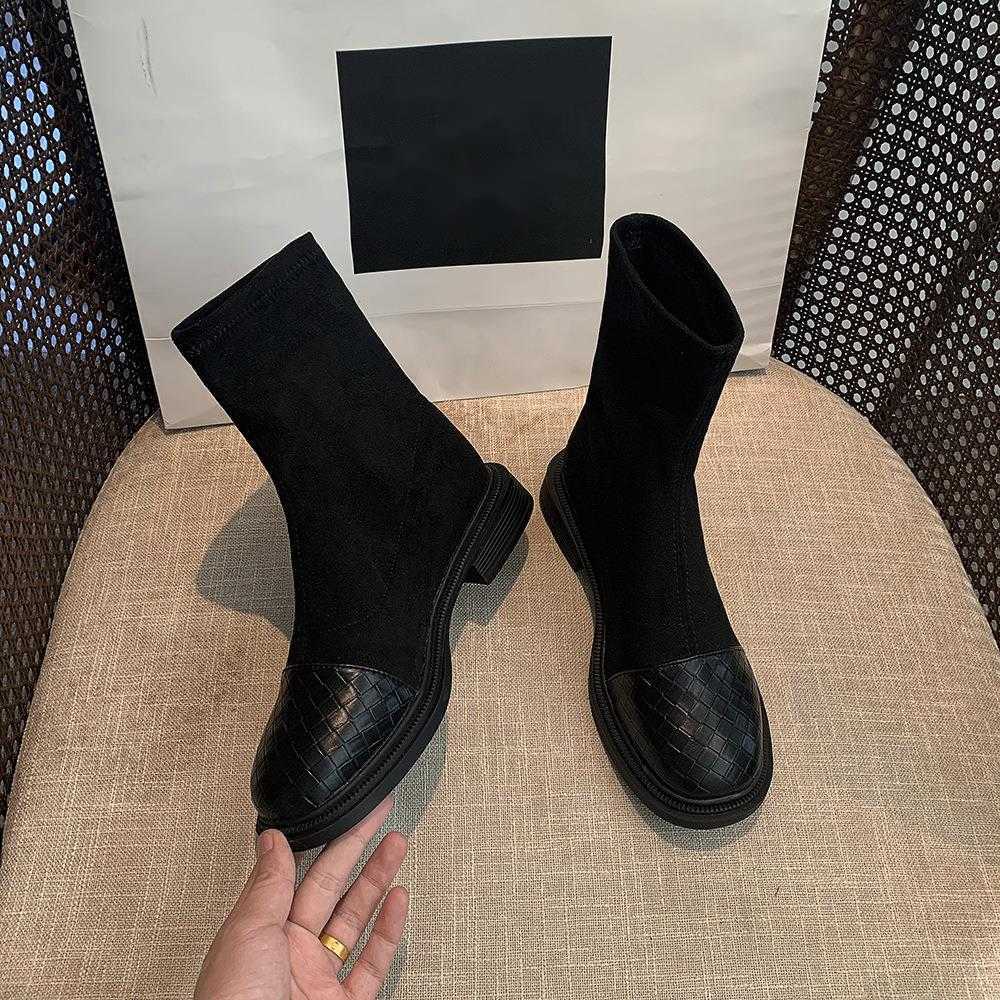 CMM Square Toe Short Boots for Women Autumn and Winter New Fashion Small Heel Elastic Boots Thick Heel Slimming Socks Boots Plush Boots