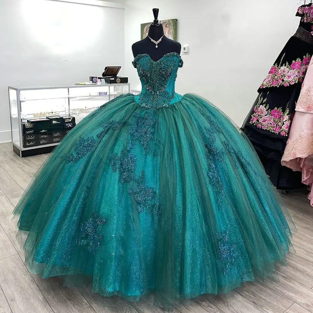 Elegant Hunter Quinceanera Dresses Sweetheart Neckline Off Shoulder Long Glitter Princess Prom Dress For Sweet 16 Girls Lace Appliques Back Lace-Up