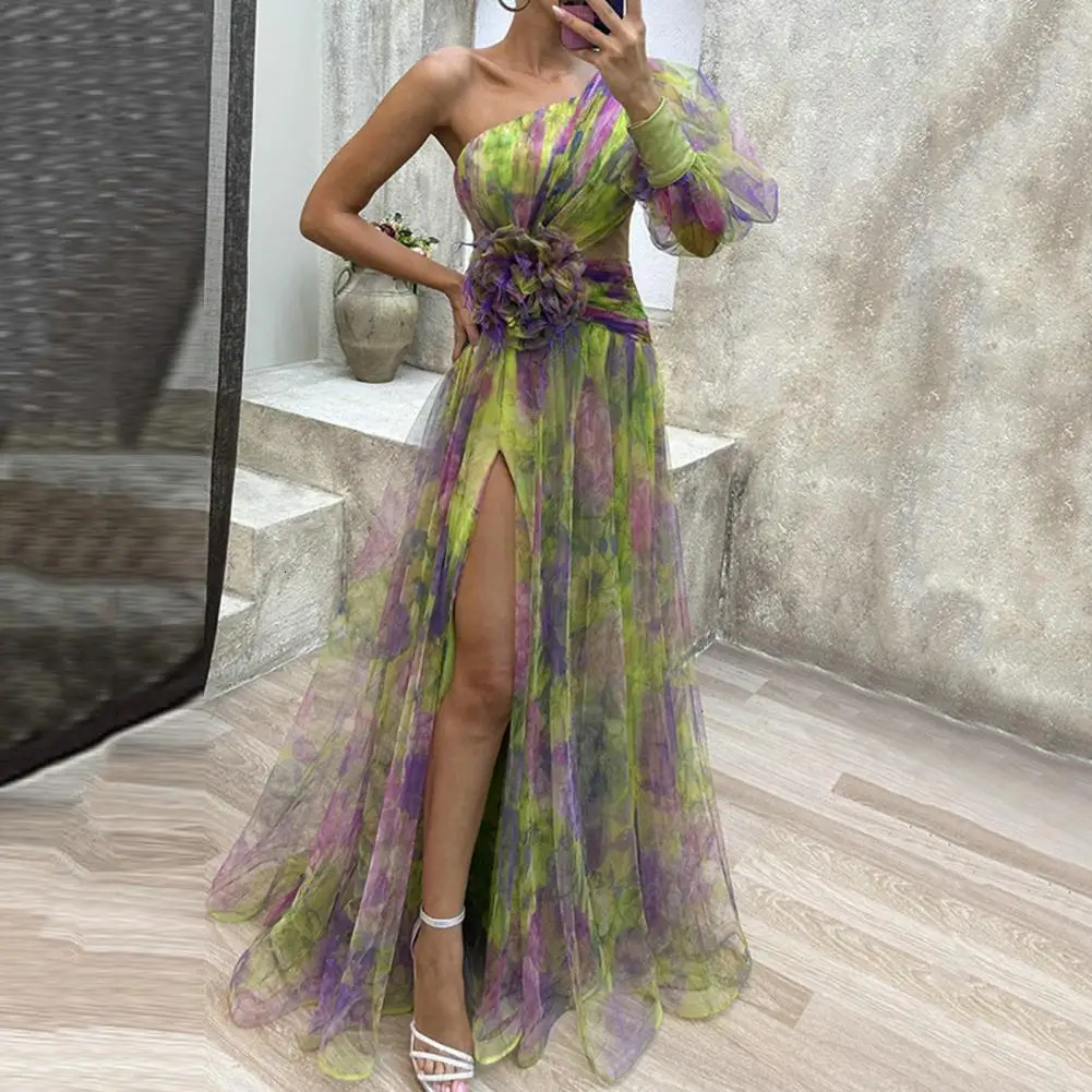 Tiedye Print Offshoulder Dress Formal Evening Elegant One Shoulder Ball Gown with Mesh Bubble Sleeve Split Hem 240411