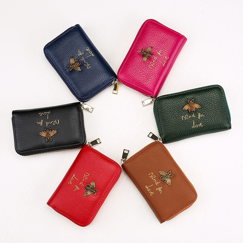 New top layer cowhide, honey bee, genuine leather organ card bag, coin purse, multi slot small wallet