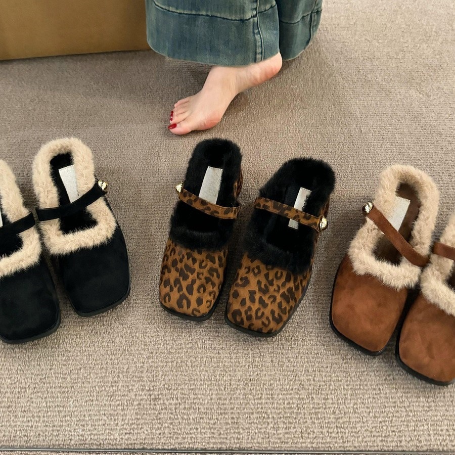 Women's Fashion Slippers:Chunky Heel Increase Height 2024 Winter New Trendy French Retro Fleece Warm,Leopard Print/Black/Brown,Free shipping