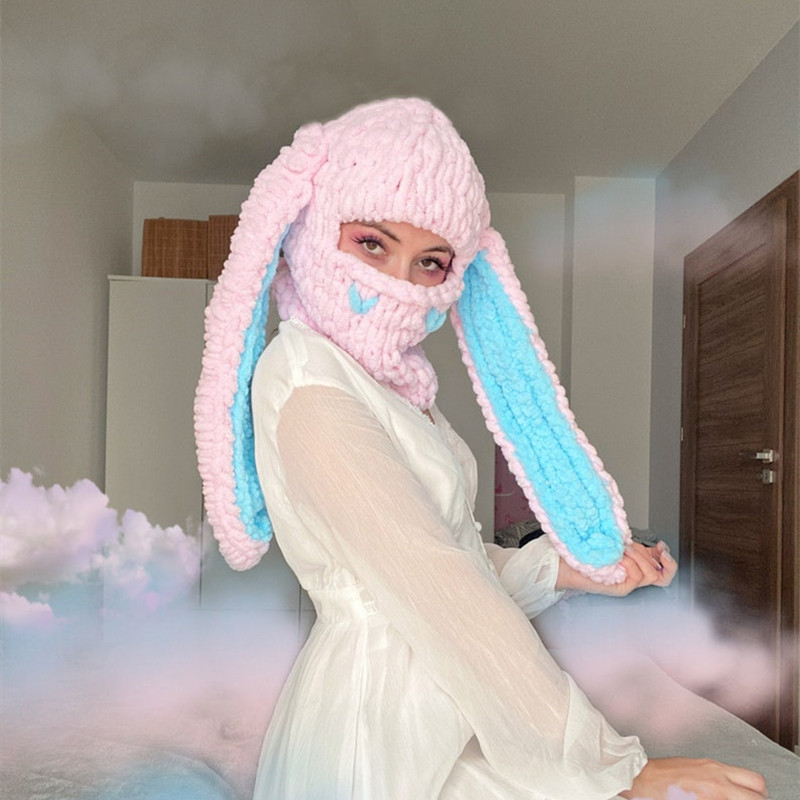 Beanie Skull Caps Autumn Winter Unisex Knitted Hat Adults Handmade Knitted Color Big Rabbit Ear Thickened Warm Mask Christmas gifts