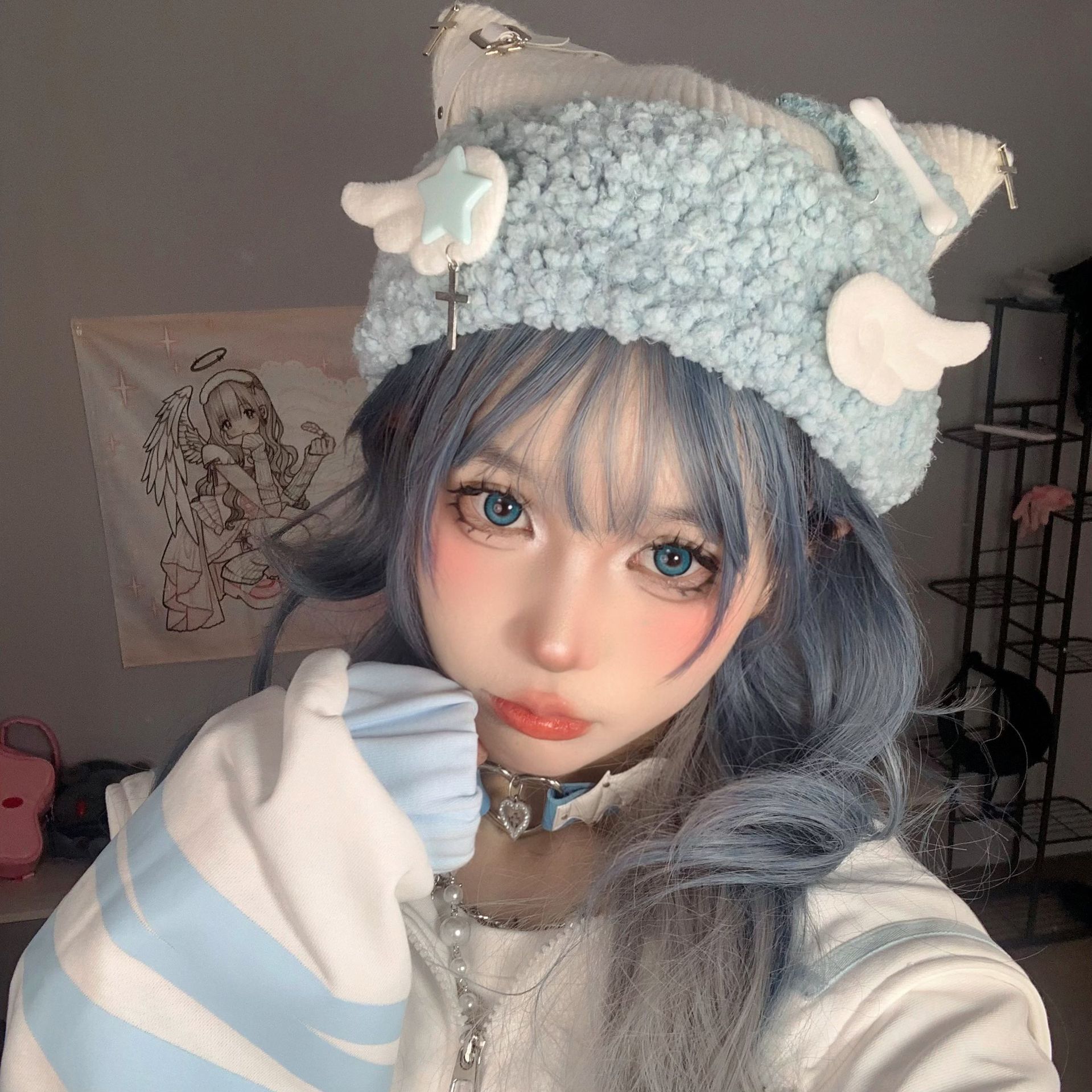 Beanie Skull Caps Water blue subculture knitted hat cat ear hat Lolita hat Christmas gifts