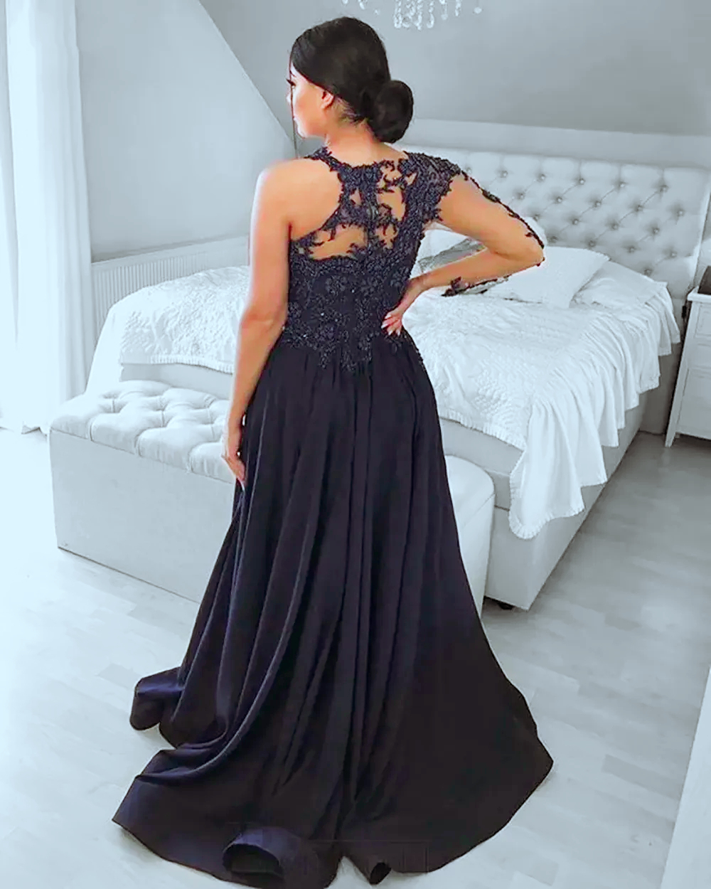 Black One Shoulder Prom Dresses Side Split A Line Long Satin Evening Dress Lace Appliques Beaded Jewel Neck Chic Formal Party Gown For Women 2025