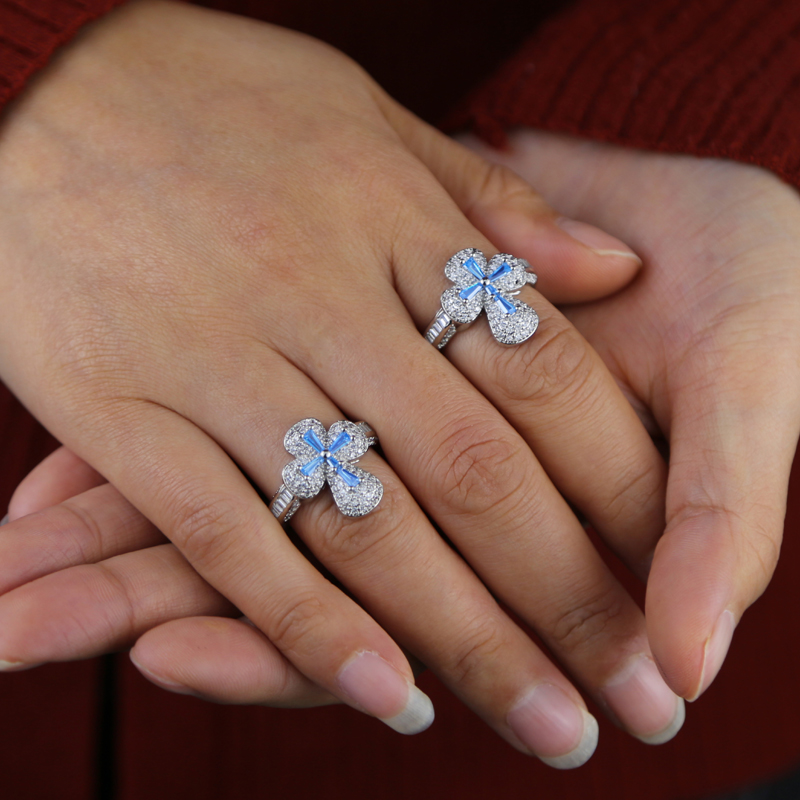 Men's Women's Iced Out Cross Ring: Full Paved Blue White Cubic Zirconia Hip Hop Jewelry Gift