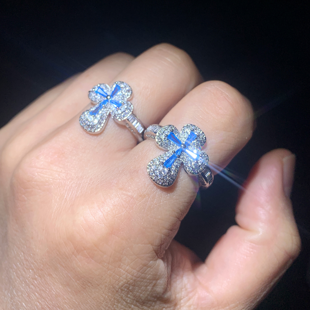Men's Women's Iced Out Cross Ring: Full Paved Blue White Cubic Zirconia Hip Hop Jewelry Gift