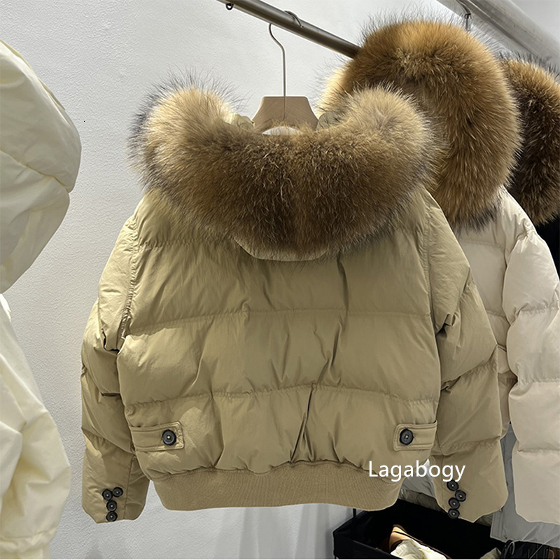 Lagabogy 2024 Winter Women Short Down Jacket Large Real Raccoon Fur Hooded Loose Puffer Coat Thick Warm Windproof Outwear