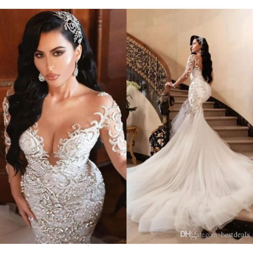 2022 Arabic Mermaid Wedding Dresses Dubai Sparkly Crystals Long Sleeves Bridal Gowns Court Train Tulle Skirt Robes De