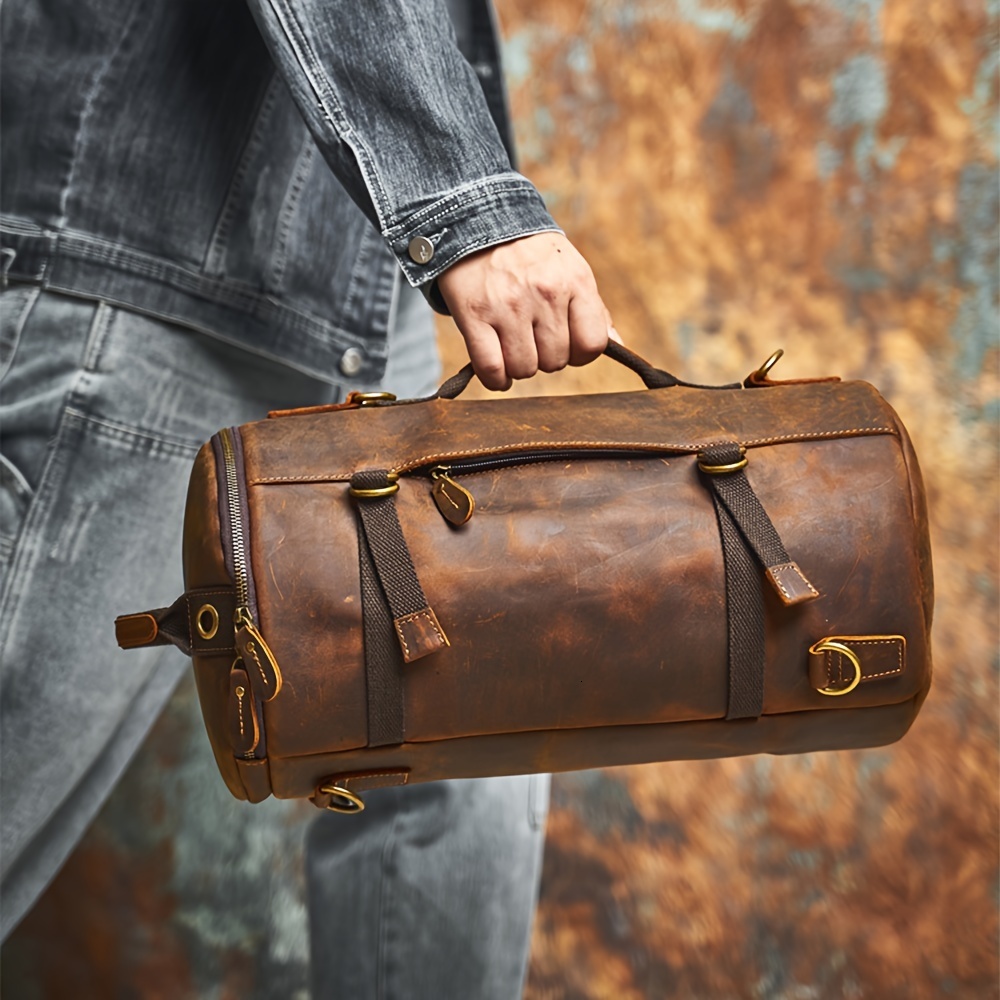 Men's leather bucket backpack, crazy horse leather luggage bag crossbody bag, very suitable for outdoor and leisure travel