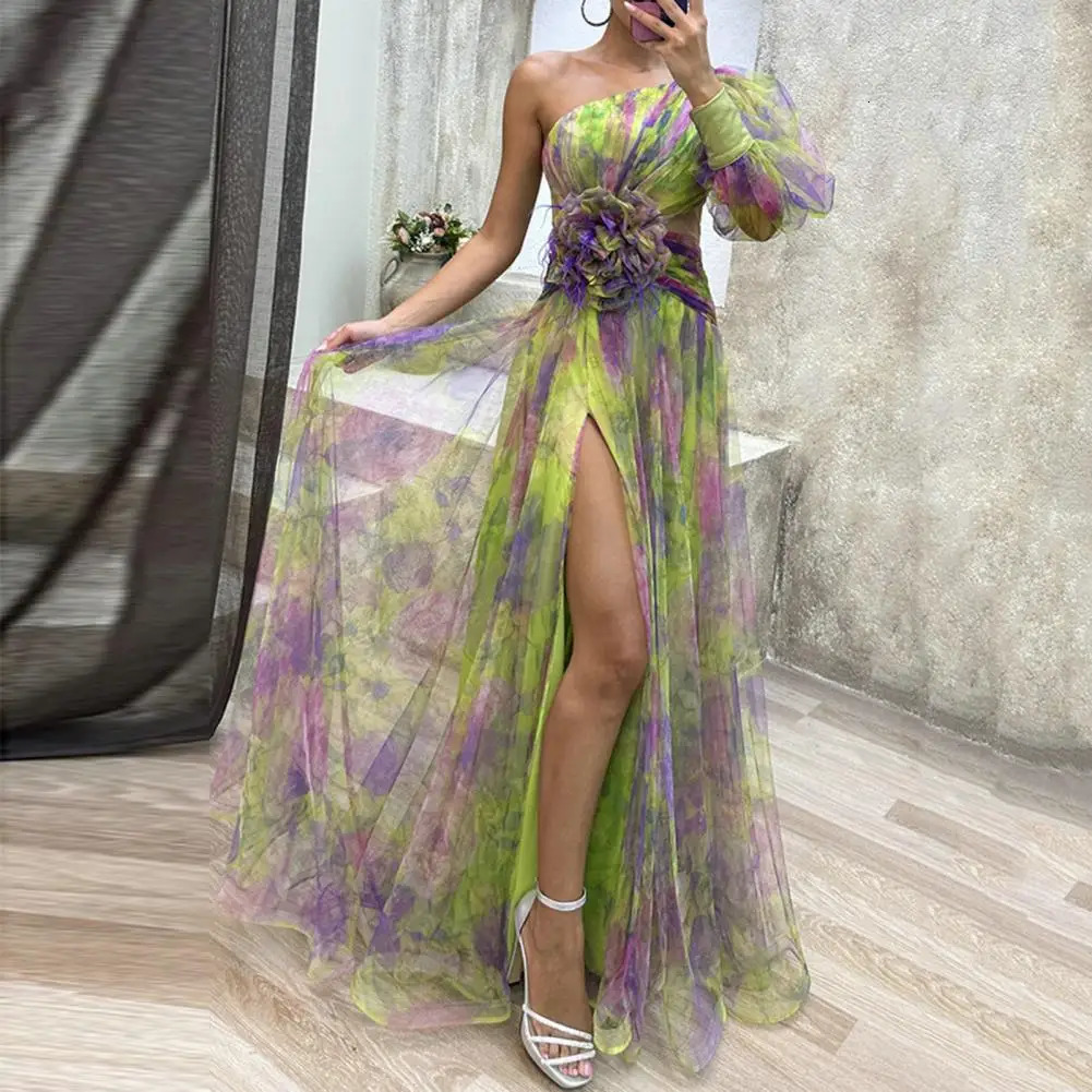 Tiedye Print Offshoulder Dress Formal Evening Elegant One Shoulder Ball Gown with Mesh Bubble Sleeve Split Hem 240411