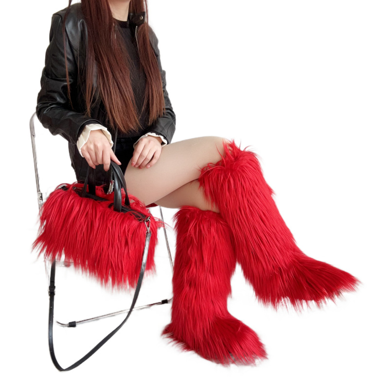 New Punk Style Large-sized High Boots Knee High Snow Boots Handbag Plush Imitation Wool Set.