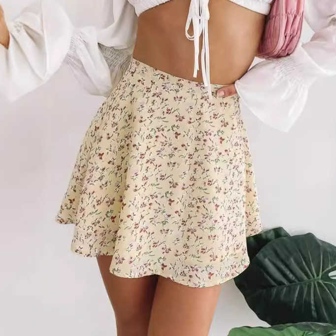Women Short Bohemian Skirt WoMens Floral Half Pleated Skirts Skirt Chiffon Printed Umbrella Skirt Fresh And Sweet Invisible Zipper Short Skirt 241023
