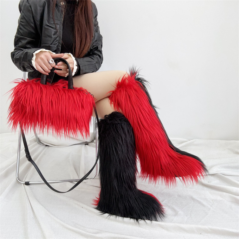 New Punk Style Large-sized High Boots Knee High Snow Boots Handbag Plush Imitation Wool Set.