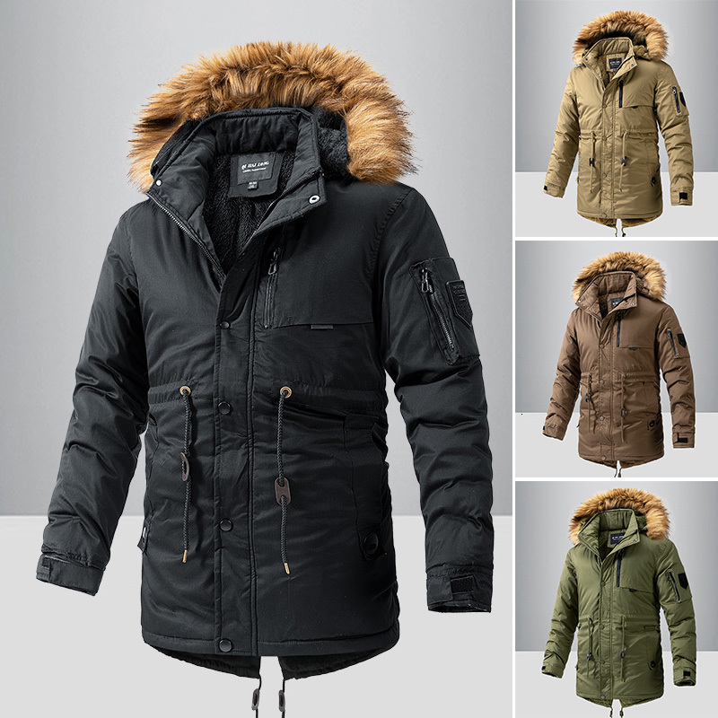 2024 Winter Puffer Jacket With Hood Medium To Long Multi-Pocket Cotton Workwear Warm Thick Men Parkas Windbreaker