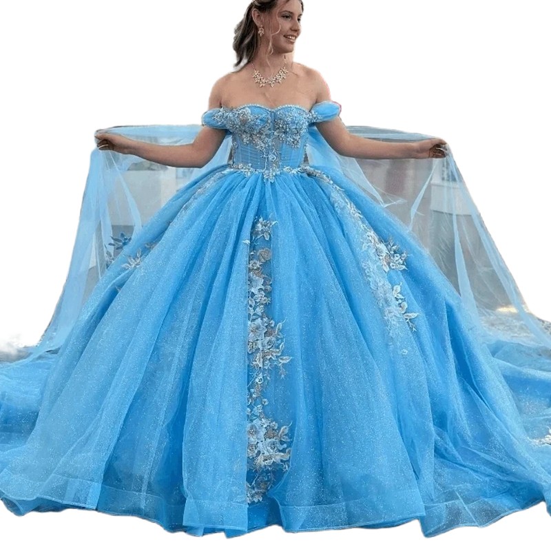 Sky Blue Princess Quinceanera Dresses Off The Shoulder Sweetheart Neck Long Tulle Ball Gown Sweet 16 Dress Corset Open Back Prom Special Occasion Gown
