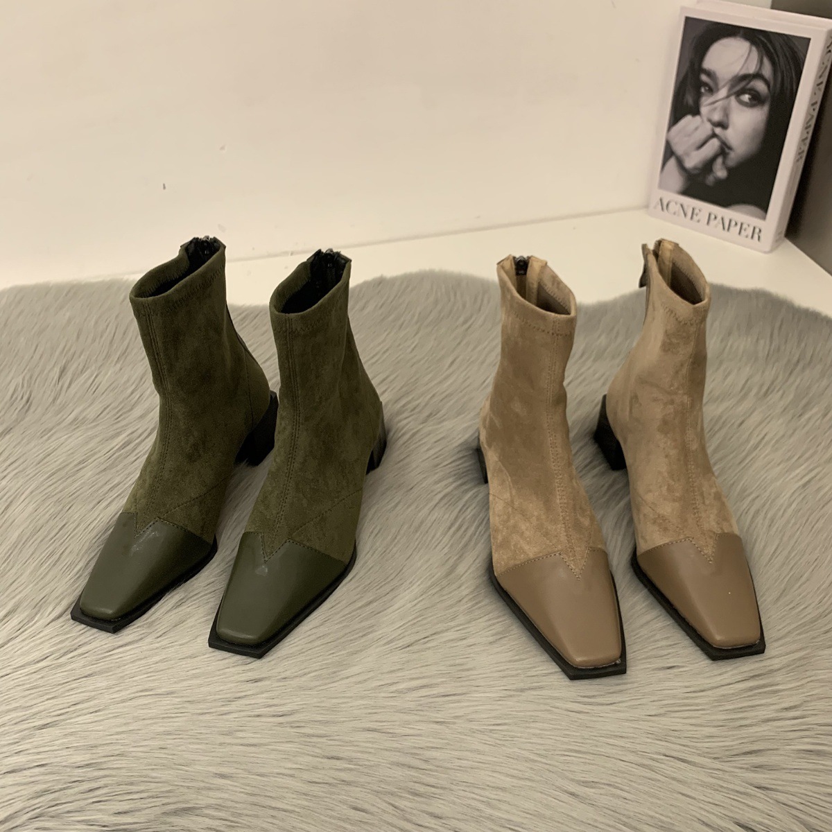Women's Fashion Boots:High Heel Chunky Heei Simple Design Square Toe Short Boots,Black/Green/Khaki,Free shipping