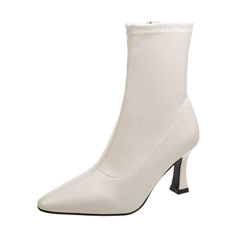 CMM Short Boots for Women Autumn New Elastic Slim Boots Pointed Thin Heels High Heels Mid Calf Boots Minimalist Single Boots
