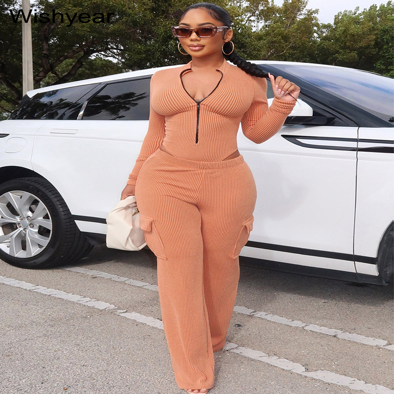 Knitted Rib Tracksuits Set Womens Sports Fall Winter Bodysuits Tops and Cargo Pants Two 2 Piece Suit Fitness Sportswear 241029