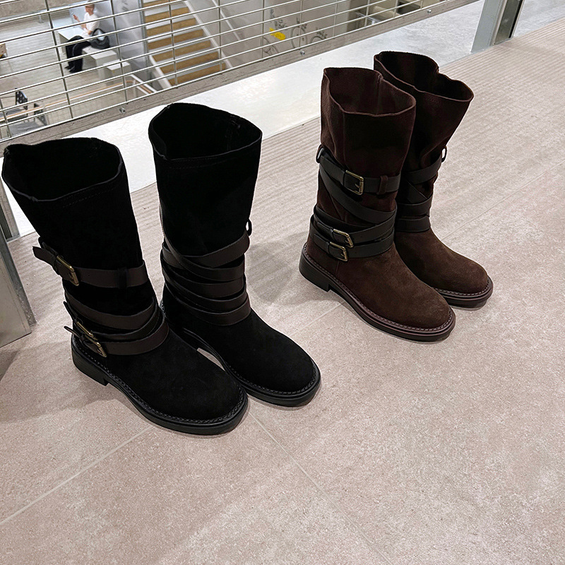 Women's Fashion Boots:Buckle Design Middle Boots Slimming Chunky Heel Round Toe,Black/Brown,Free shipping