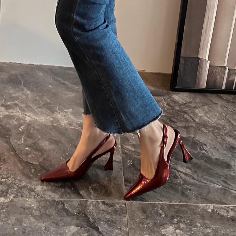 Women's New Wine Red Versatile Slim Heeled Pointed High Heels.