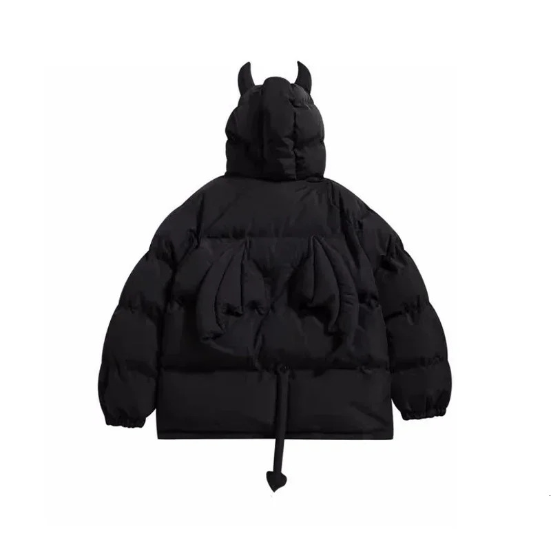 Women Black Gothic Thicken Parkas Hip Hop Horns Wing Couple Hooded Padded Jacket Streetwear Emo Coat Winter Clothes