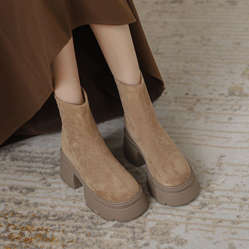 2024 Women's Martin Boots: High-Heel Suede Skinny Boots, Thick Sole, Height Boosting, Minimalist Design, Black/Apricot, Free Shipping 3f24