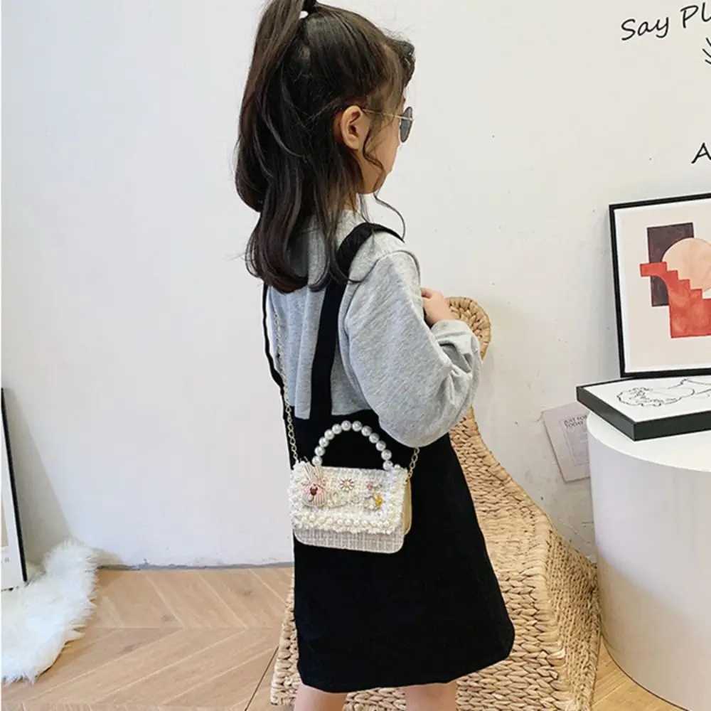 Pearl Handle Mini Chain Crossbody Bag Fashion Square Coin Purse Kids Handbag Clutch Bag Bow-knot Princess Shoulder Bag LX241104