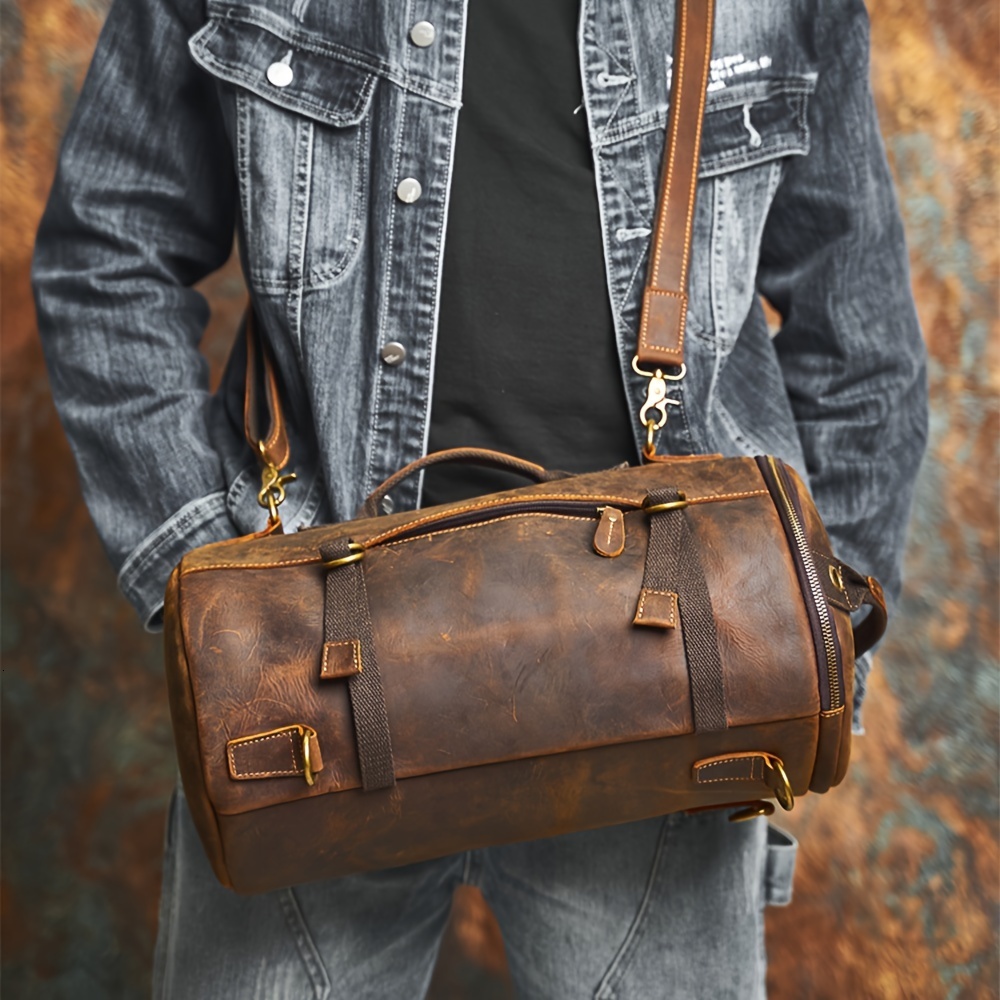 Men's leather bucket backpack, crazy horse leather luggage bag crossbody bag, very suitable for outdoor and leisure travel
