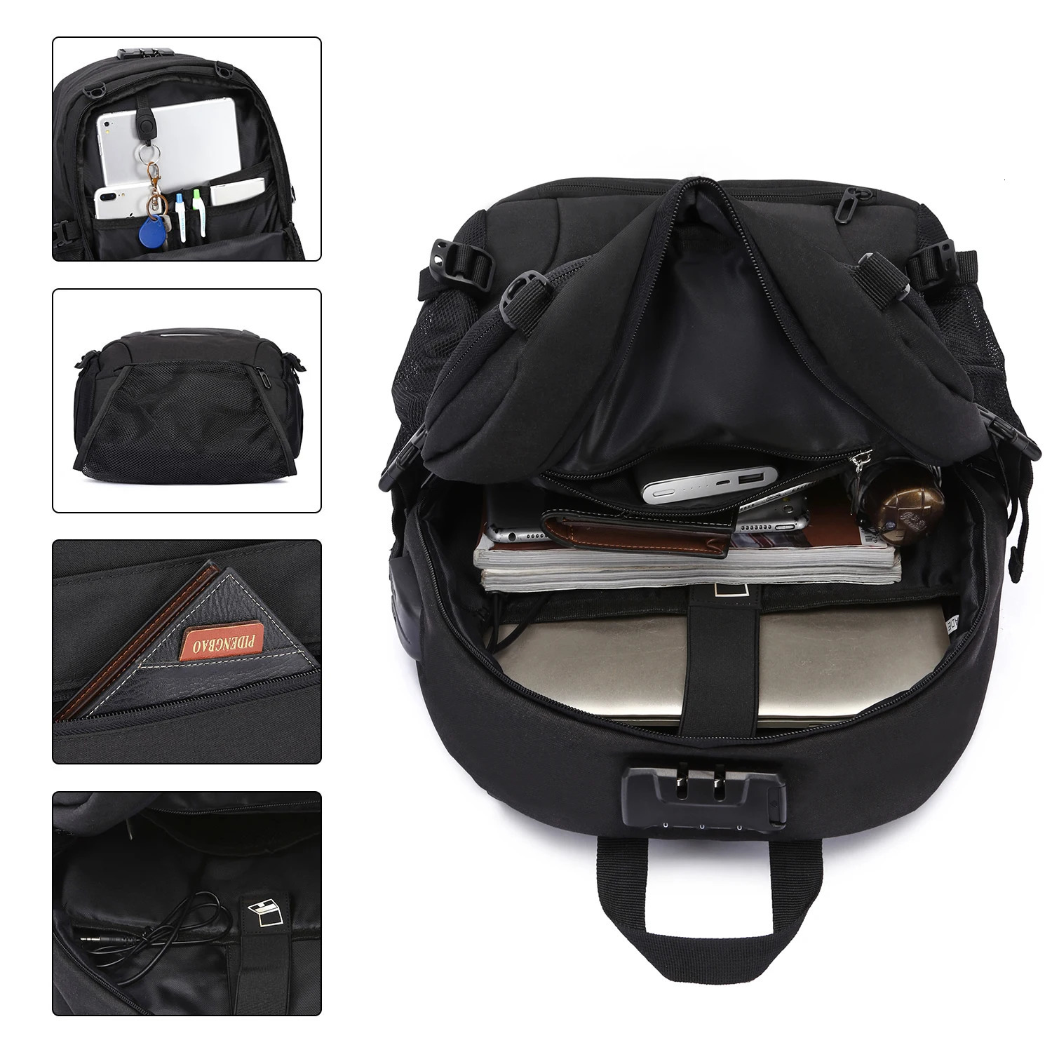 Neutral waterproof backpack with anti-theft password lock reflective strip basketball net pocket USB and headphone jack 241031