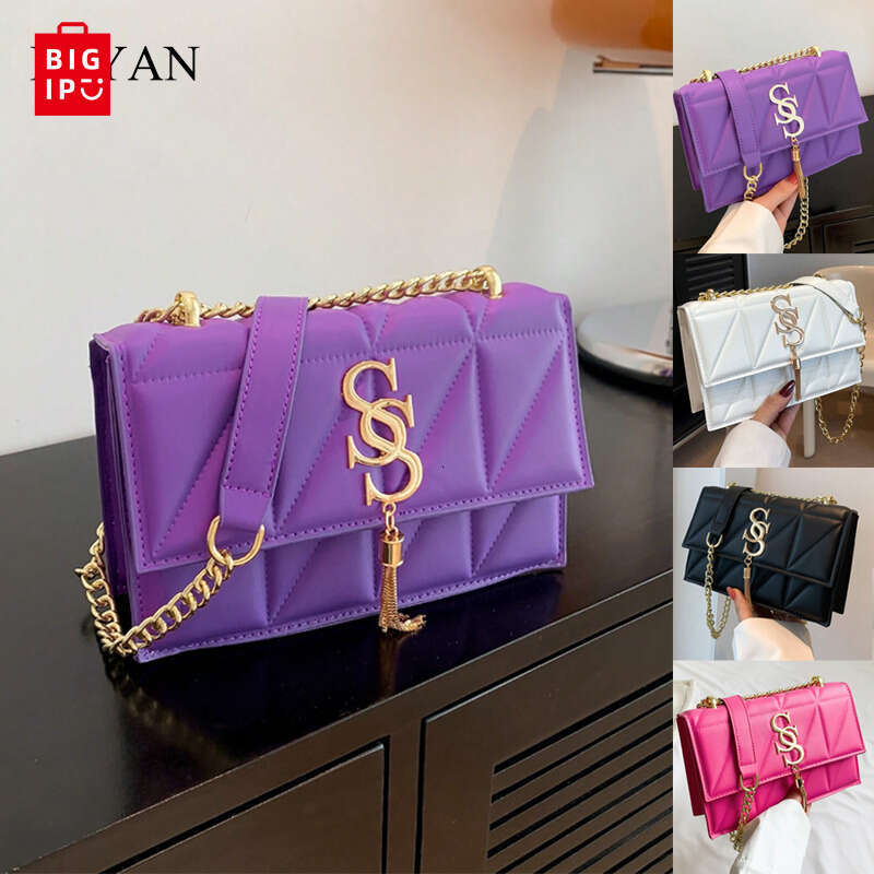 Designer Bag 2024 New Women Shoulder Bags,Purple Plaid Stitching Crossbody Bag,Metal Tassel Ornament Small Square Bag, Handbags For Women purse luxury
