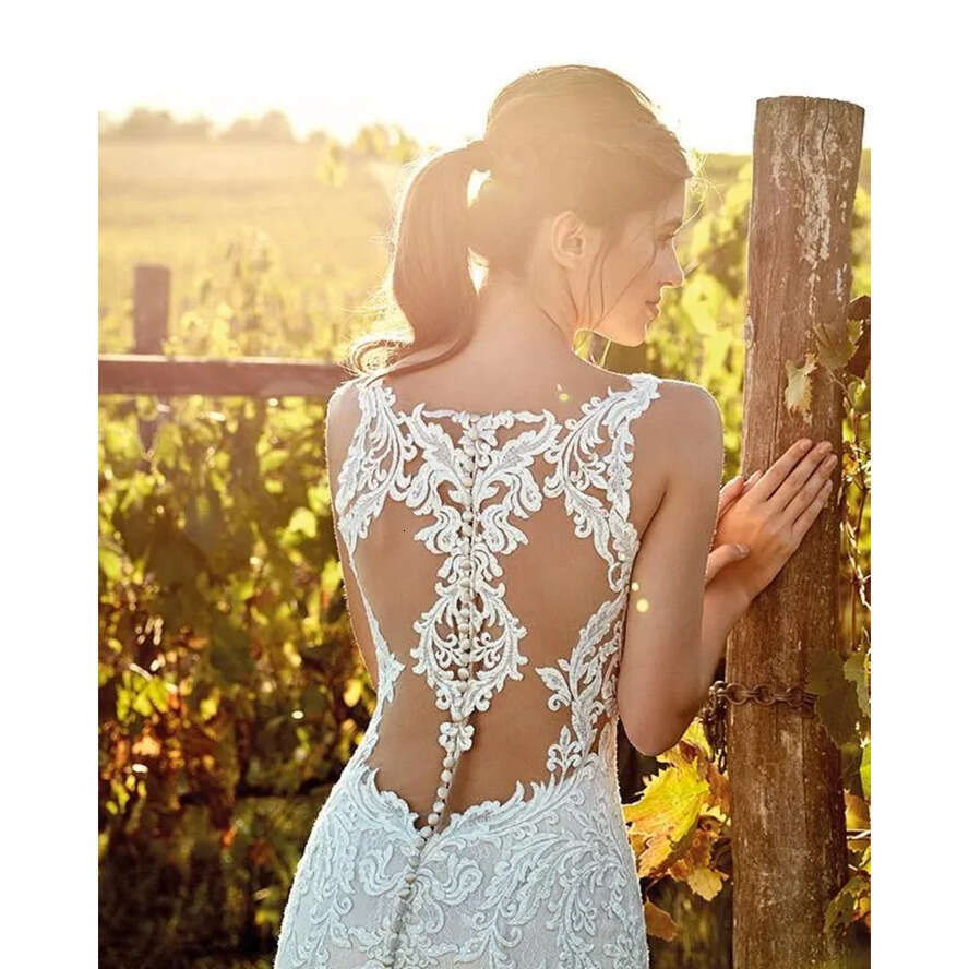 Elegant Straps Deep V Neck Mermaid Dresses Full Lace Tulle Summer Beach Wedding Bridal Gowns Illusion Back
