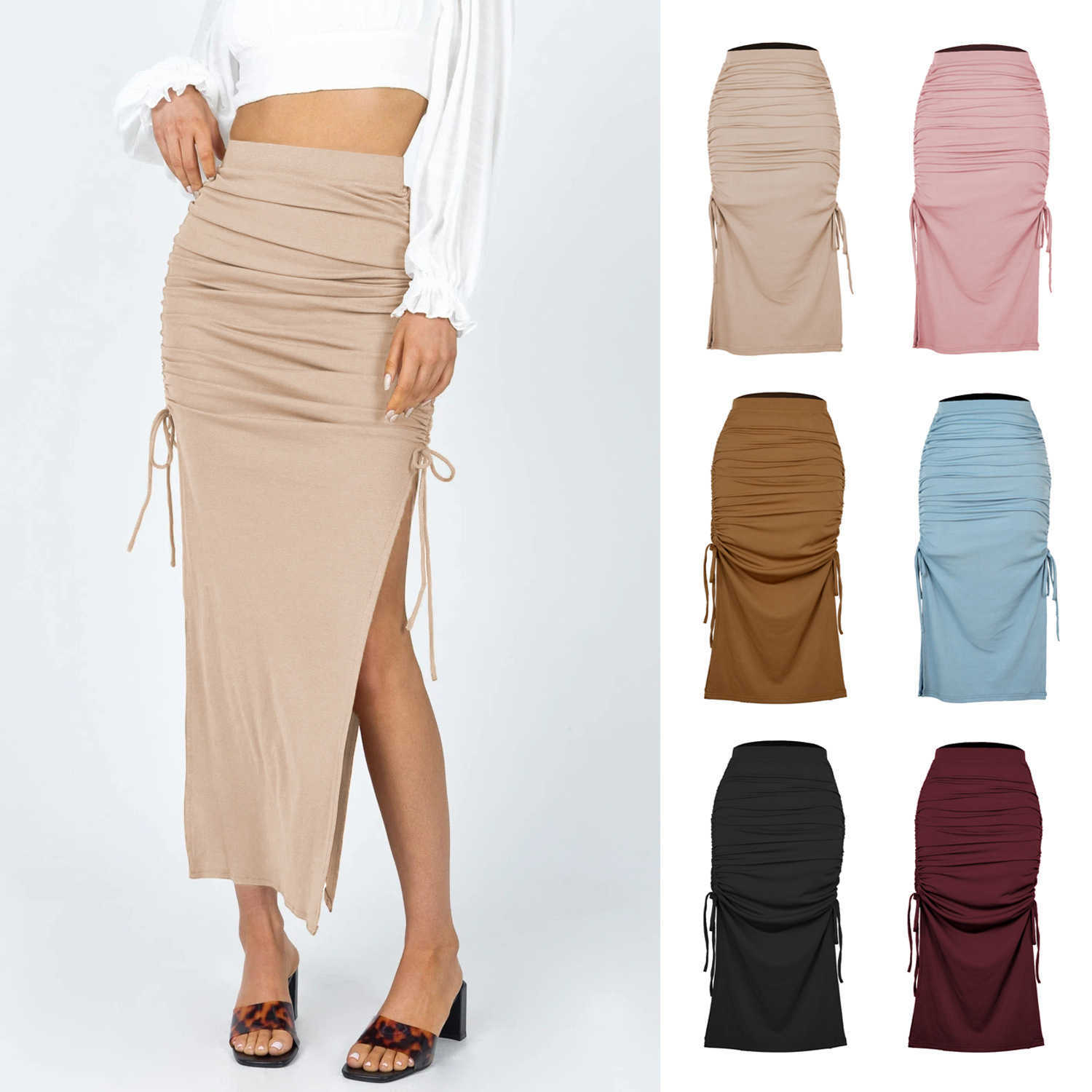Women Long Skirt Split Knit Slim Skirt Fashion Pleated Lace Up Sexy Hip Wrap Dress WoMens Dress Career Skirts 241023