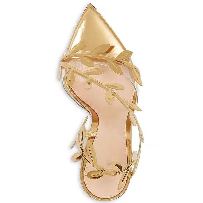 Women's Golden Branches Jade Leaves High Heels Pointed Gold High Heels Sandals Free Shipping.