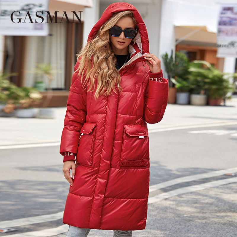 GASMAN 2022 Down Jacket Long Classic Zipper Design Big Pocket Stand Collar Hooded Slim Coat Women Parkas Ld-21715