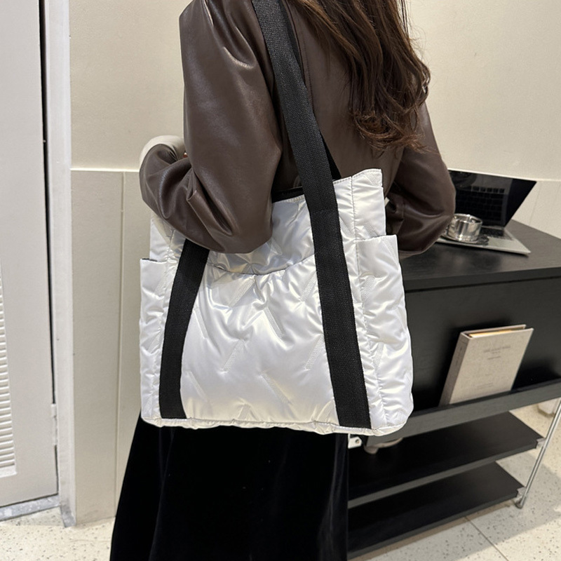 Winter Down Cotton Casual Tote Bags Women, Solid Color Fashion Shoulder Bag Ladies Handbags For Commuting & Gift