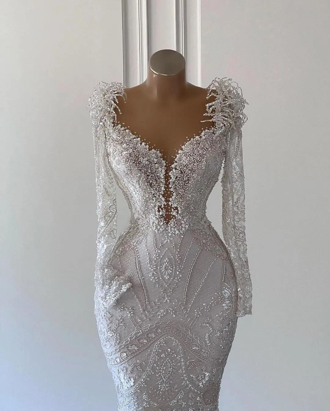D Sparkly Wers Wedding Dresses Sexy V Neck Long Sleeve Beads Lace Bridal Gowns Romantic Bride Dress Robe De Mariee Bc resses ress e