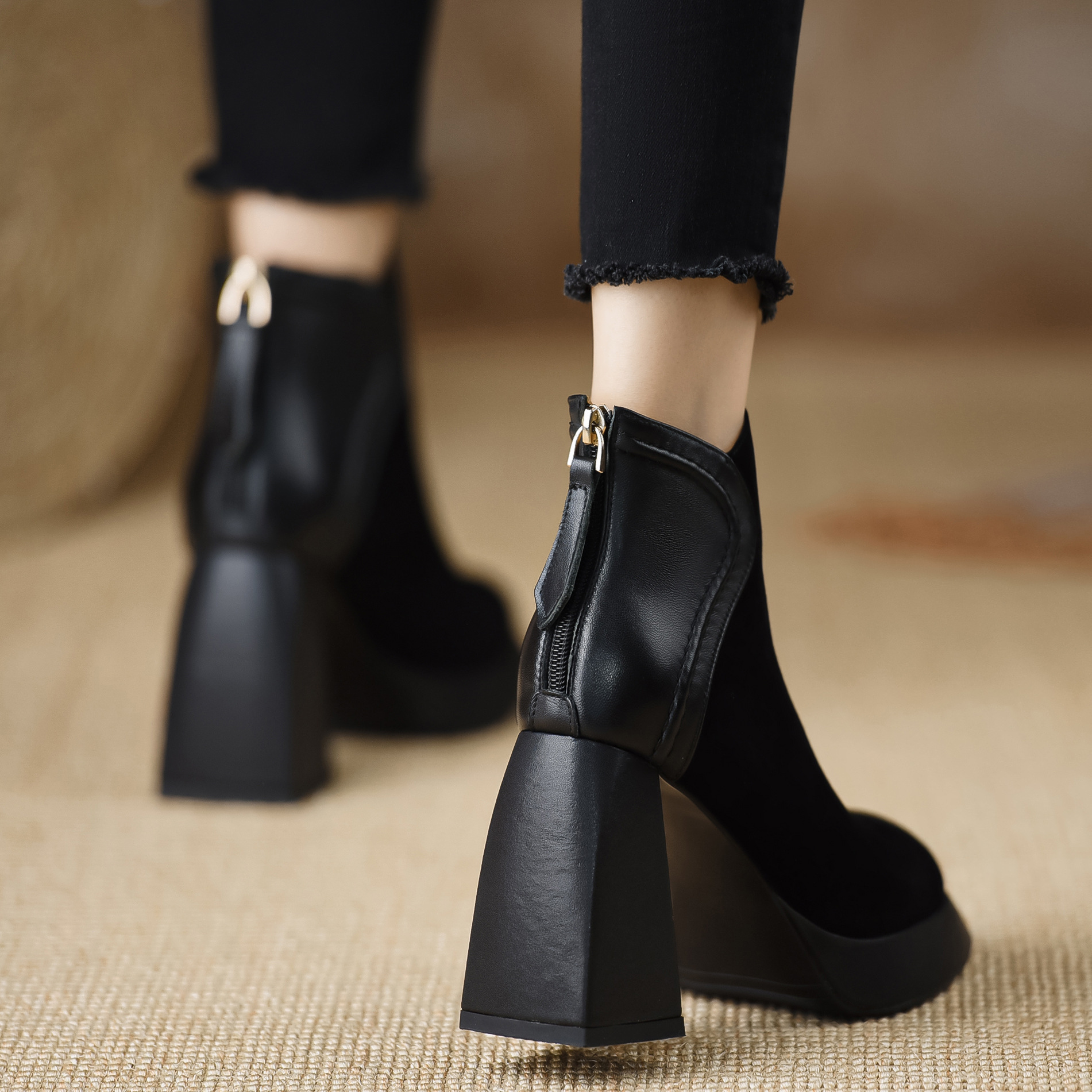Women's Fashion Boots:NewTrendy High Heel Chunky Heel Round Toe Simple Design Versatile,Black/Coffee,Free shipping
