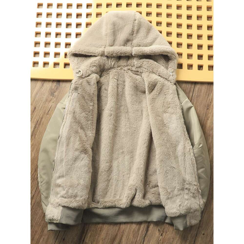 Two Sided Rabbit Plush Inner Winter Men's Thick Warm Bomber Jacket Light Lamb Wool Padded Coat Unisex Hooded Parkas