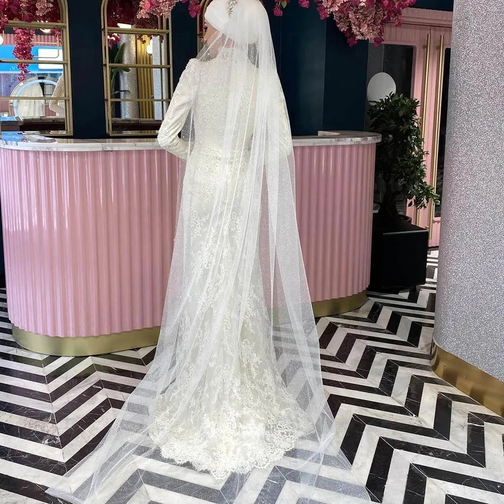 Lace Mermaid Muslim Wedding Dresses Long Sleeves High Neck Ivory Bridal Gowns Arabic Islamic Formal Dress Hijab Vestido De Novia